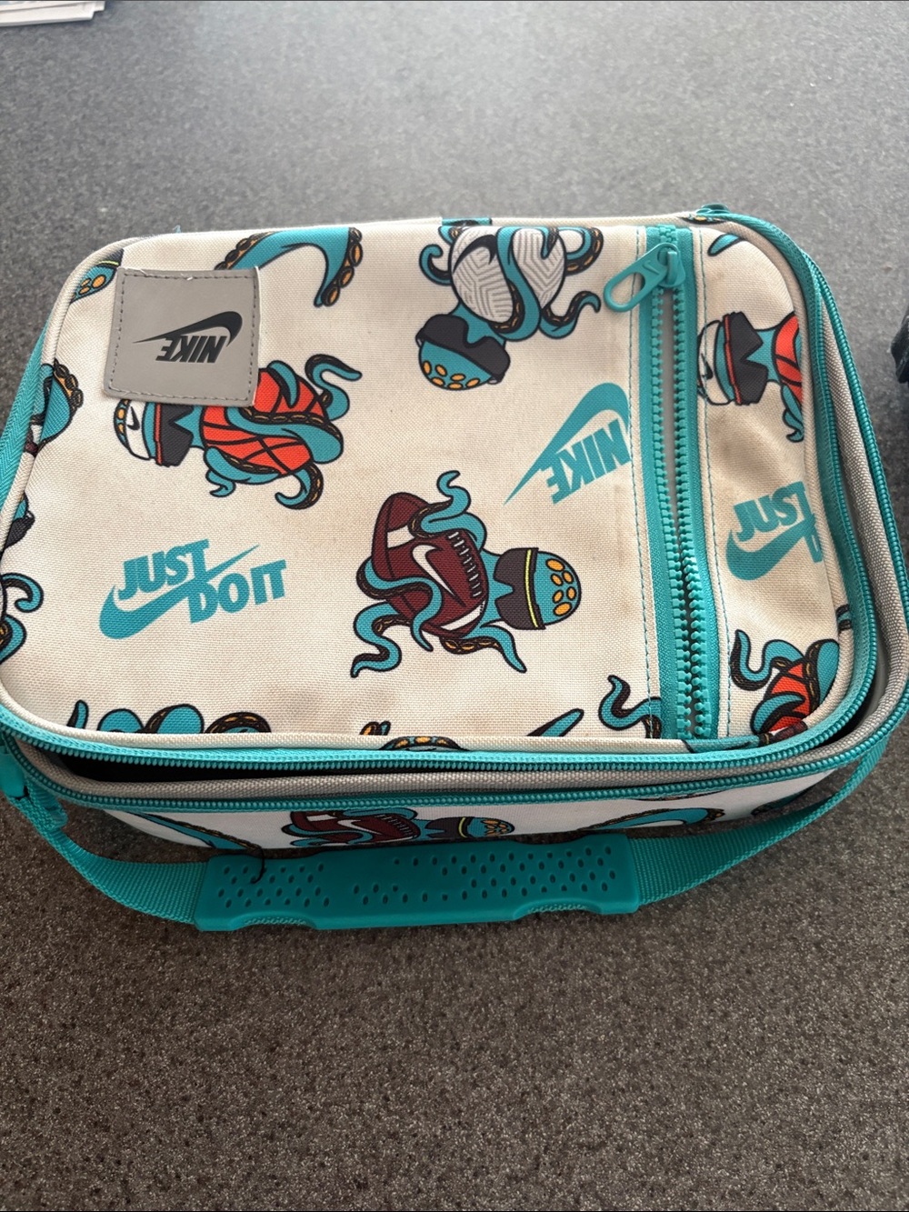 Nike Kids Teal and Beige Graphic Lunch Tote - Just Do It Print